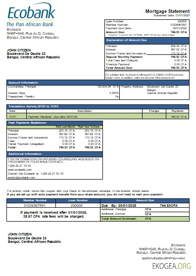 République Centrafricaine Ecobank bank relevé hypothécaire scr